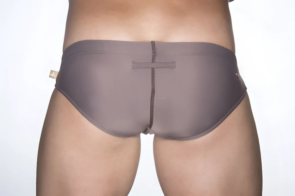 Marcuse Patrol bikini swimwear gray swim trunks with central zipper and subtle stitching details for swim use