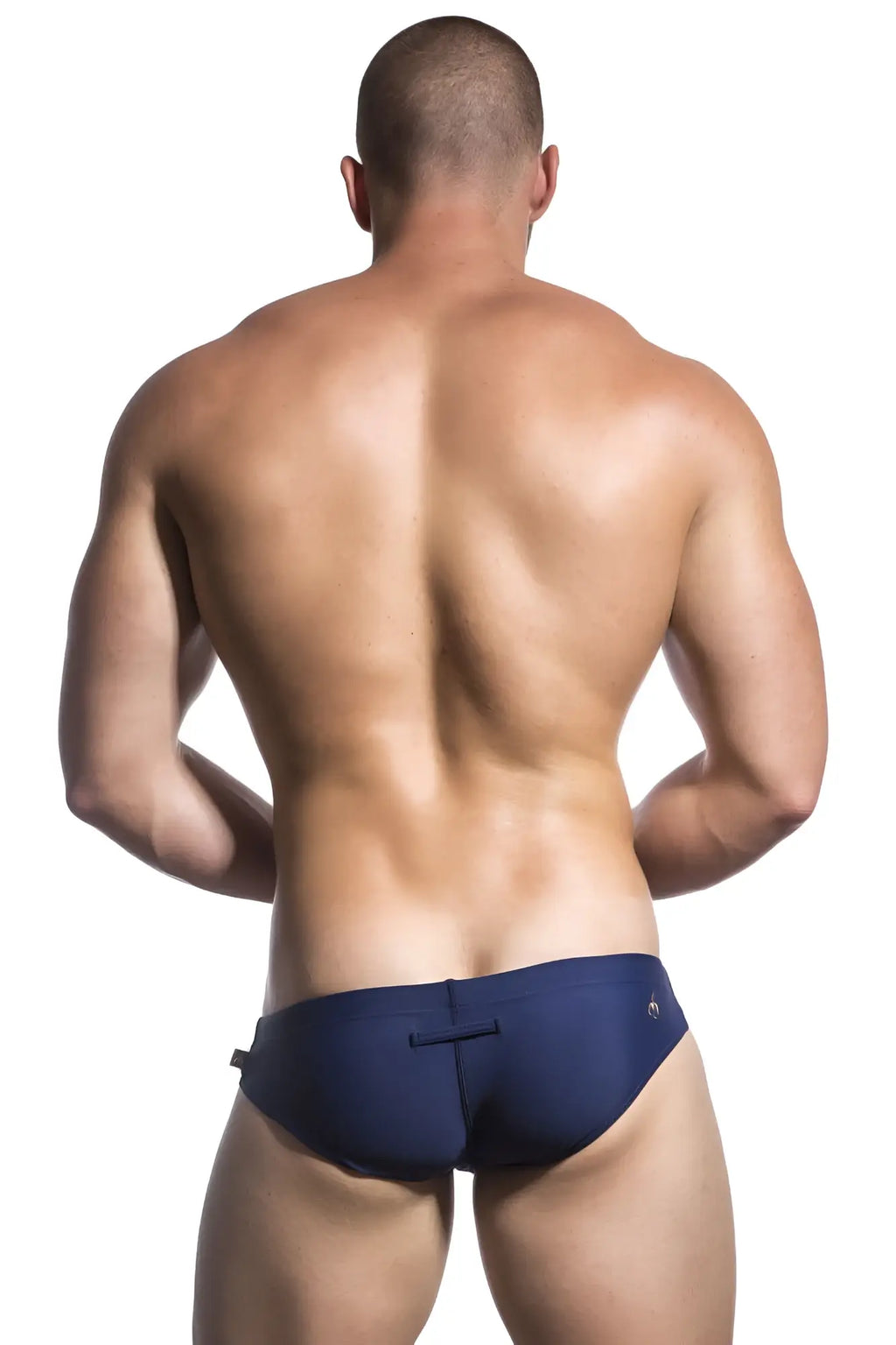Navy blue Marcuse Patrol bikini swimwear trunks with subtle logo on waistband made for swim and beachwear
