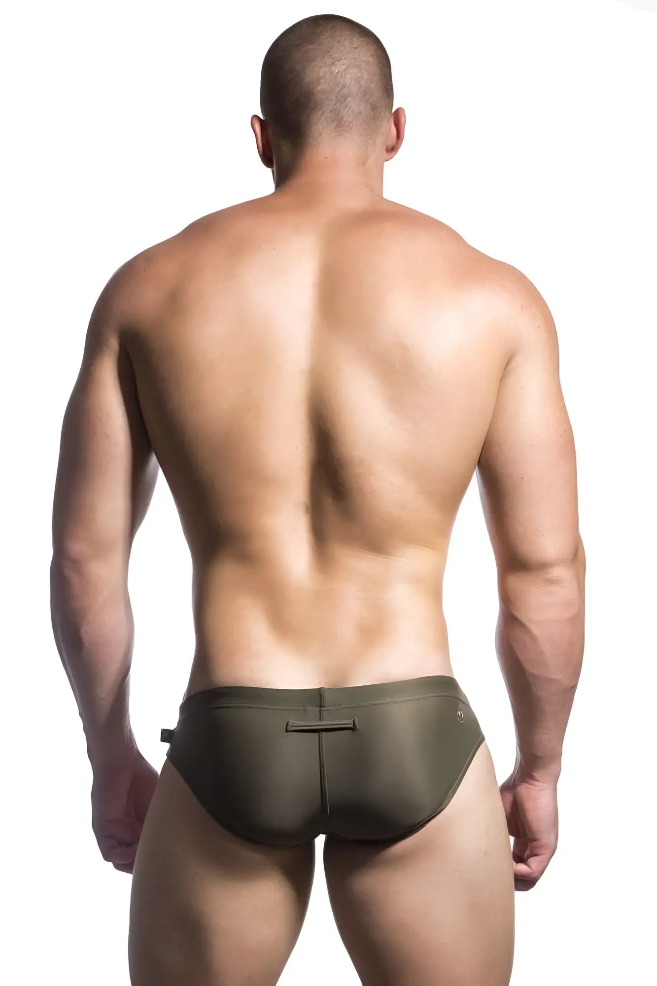 Olive green marcuse patrol bikini swimwear trunks shown from the back with a small zipper detail