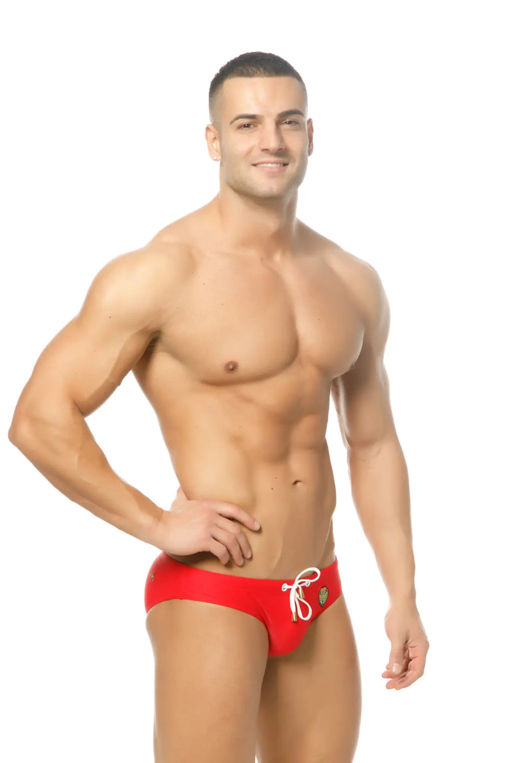 Red marcuse patrol bikini swimwear trunks with white drawstring and small front embroidered logo for swimming