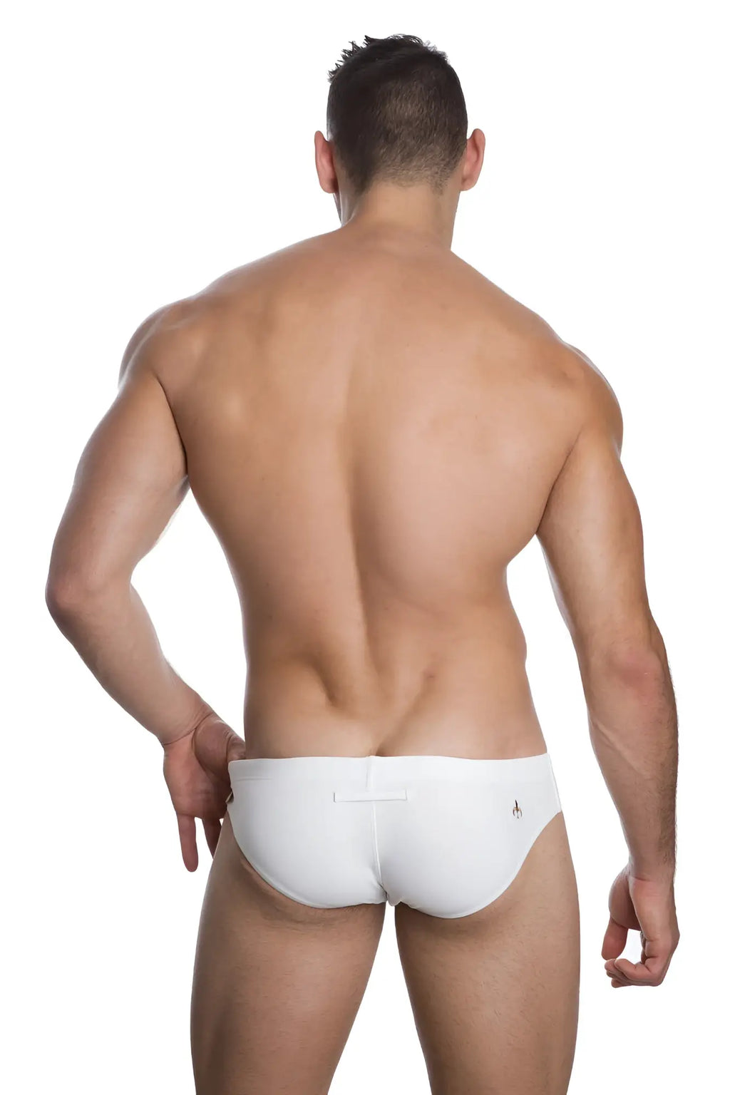 Back view of marcuse patrol bikini swimwear white briefs with minimalist design and small logo detail