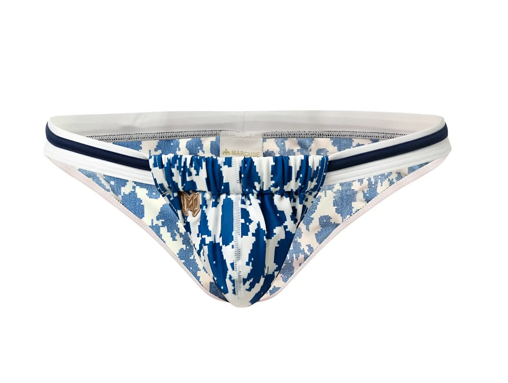 Marcuse Phraya Tanner bikini swimwear blue and white patterned men’s briefs with navy trim for swimming and beachwear