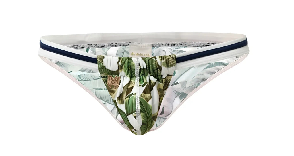 Marcuse Phraya Tanner bikini swimwear briefs with white tropical leaf pattern and navy blue trim with subtle brand tag