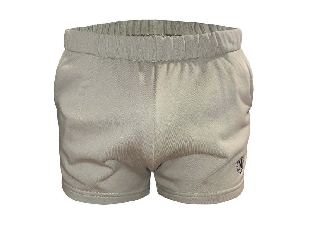 Beige marcuse physical shorts with elastic waistband and small logo on lower right leg for athletic use