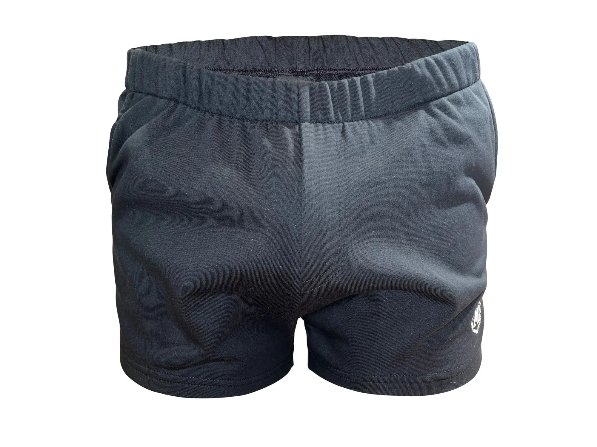 Marcuse physical shorts in black athletic fabric with elastic waistband and small white logo on lower right leg
