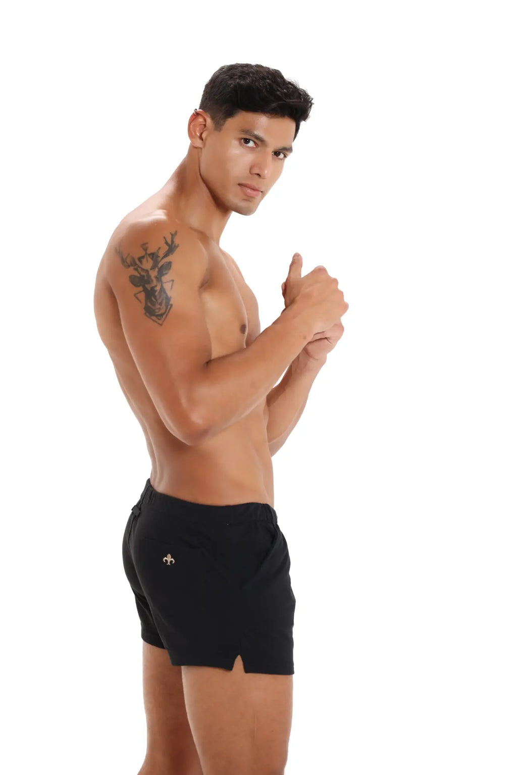 Marcuse physical shorts black athletic shorts with small white logo on left hip for active wear