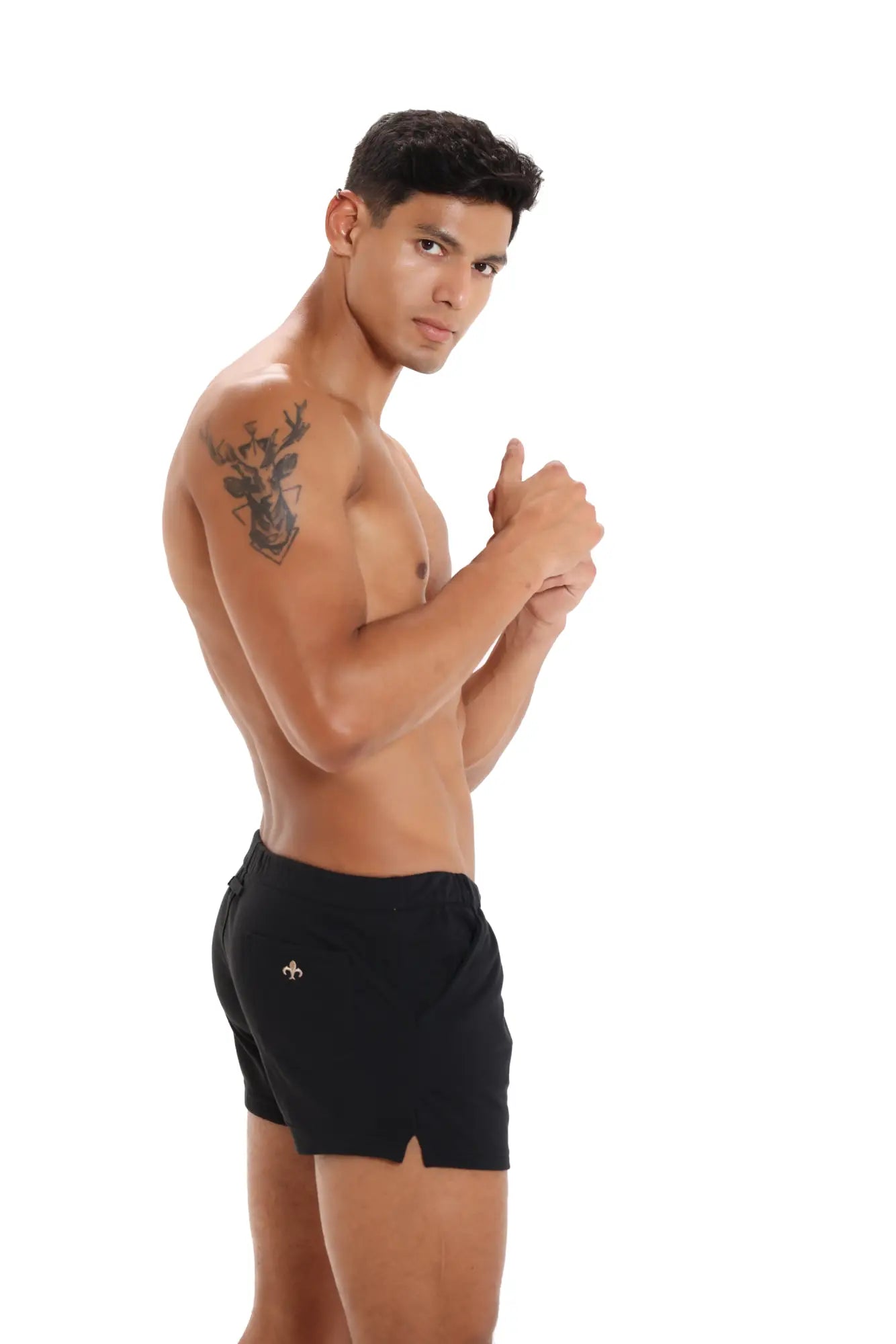 Marcuse physical shorts black athletic shorts with small white logo on left hip for active wear
