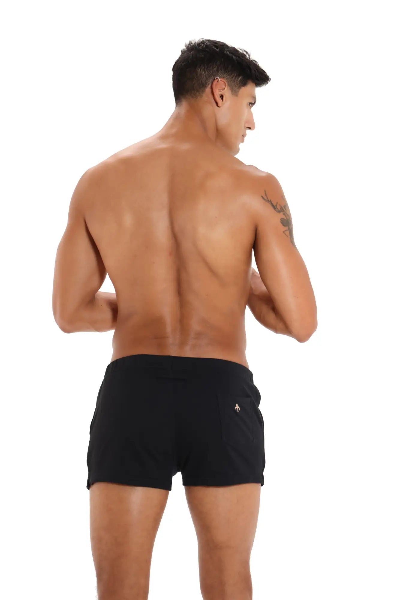 Black marcuse physical athletic shorts with a small white logo on the lower right side for activewear use