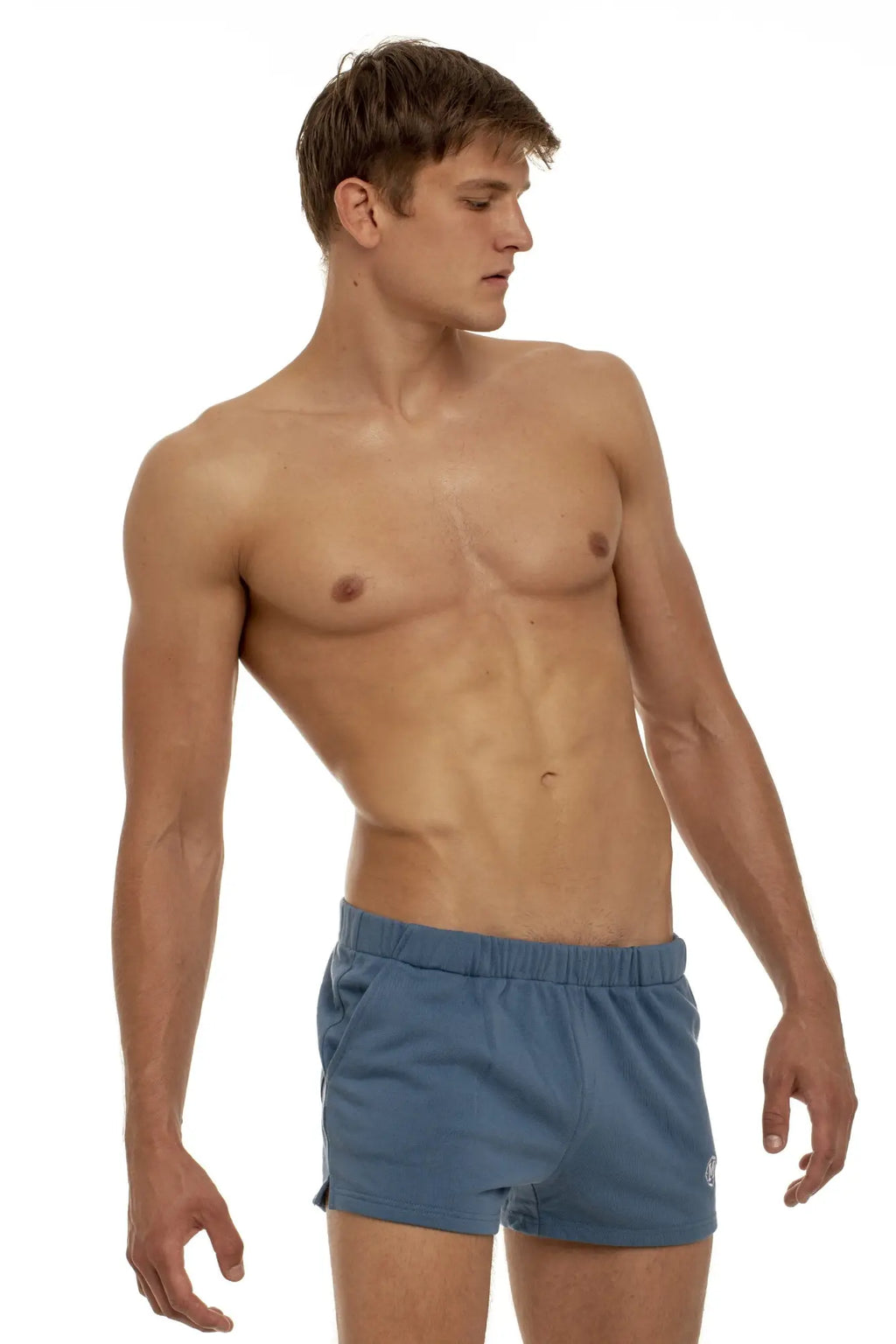 Blue marcuse physical shorts with elastic waistband and small logo on lower right leg for athletic use