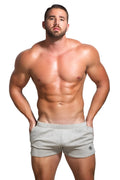 Marcuse physical shorts in gray athletic fabric with a subtle logo on the lower right leg for active wear