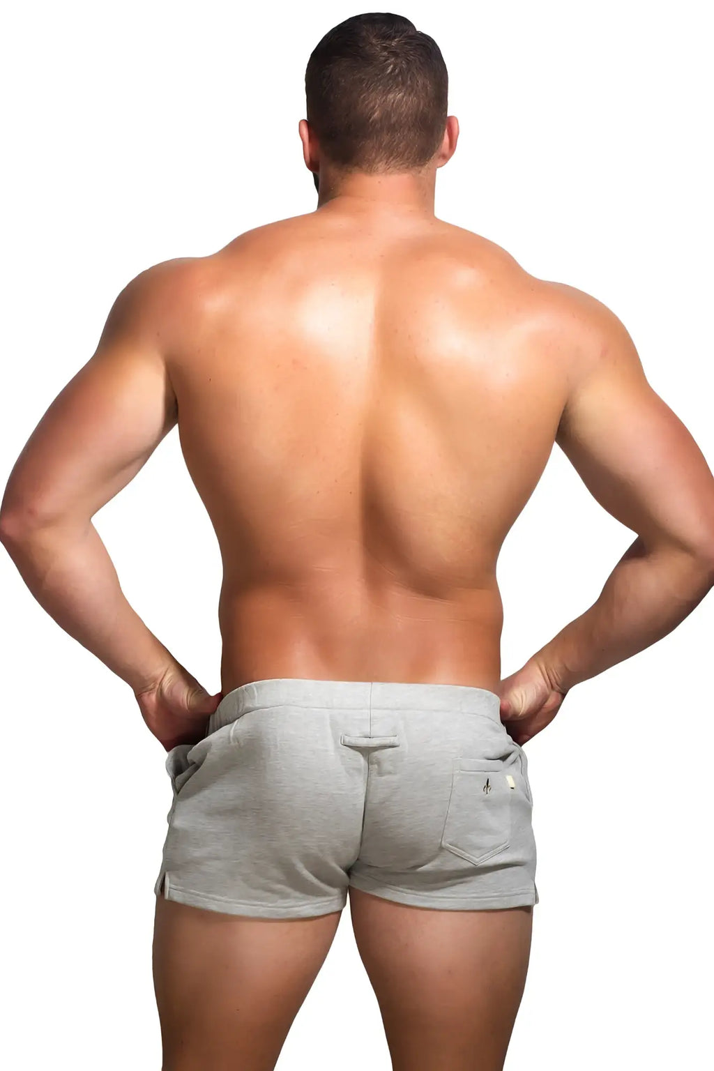 Gray marcuse physical shorts with subtle textured fabric and small logo on the right pocket
