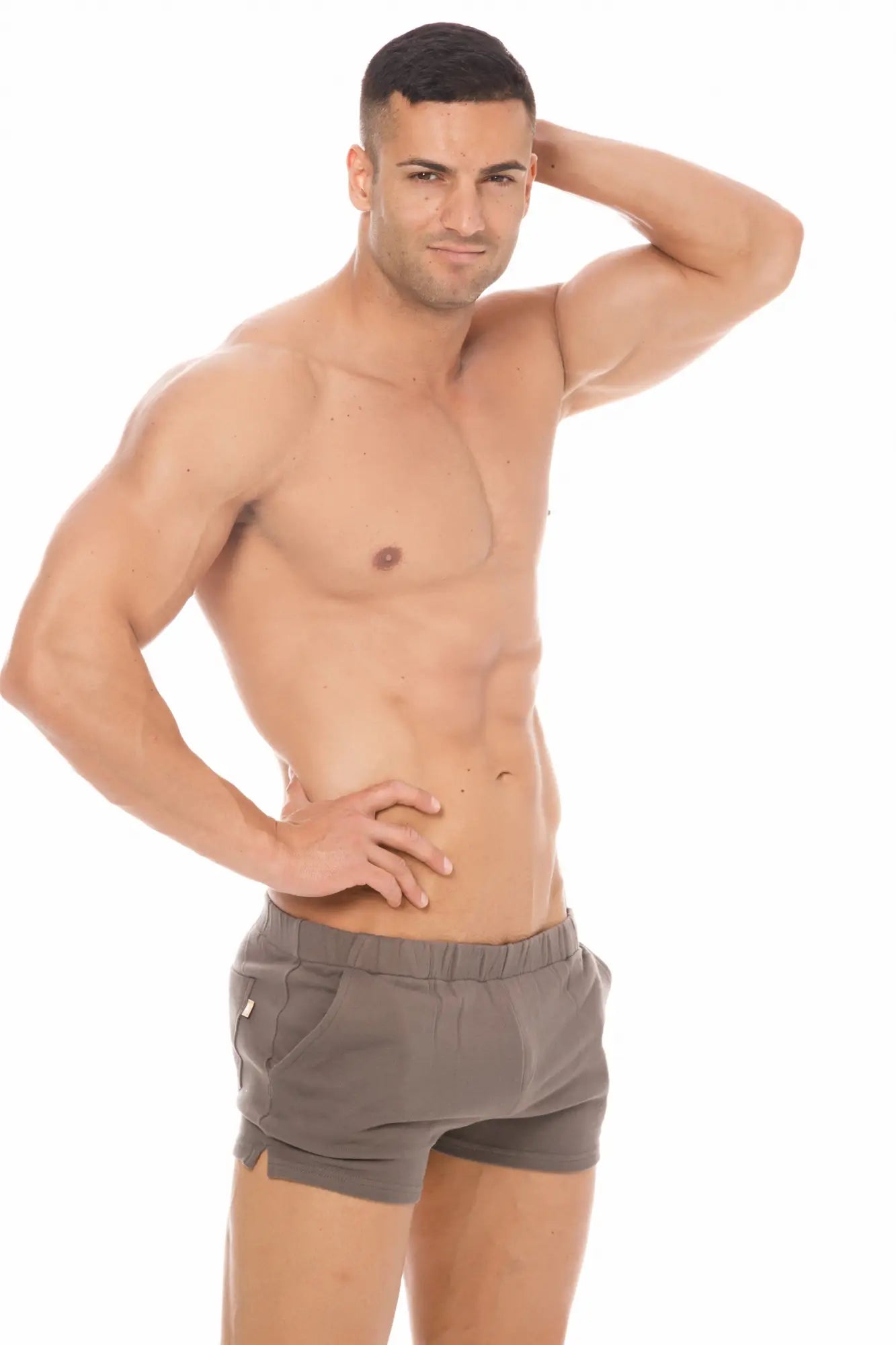 Marcuse physical shorts in gray with a drawstring waistband and side pockets designed for athletic use
