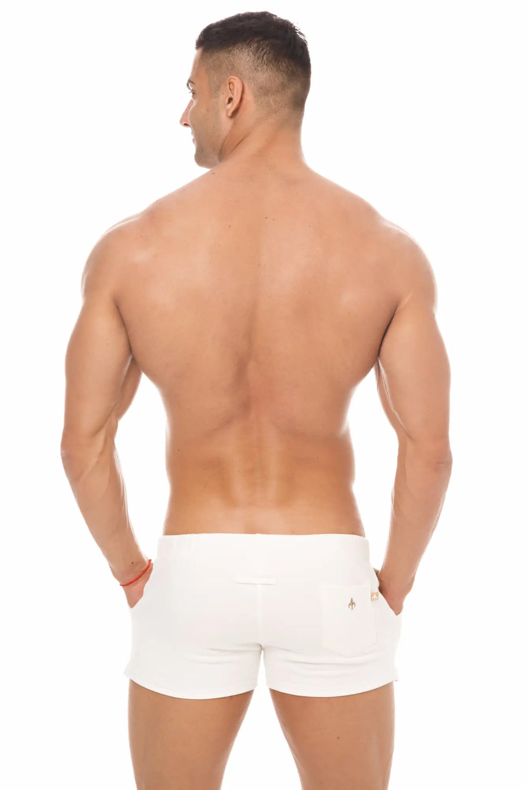 White marcuse physical athletic shorts made of breathable fabric showing the back with a subtle logo on pocket