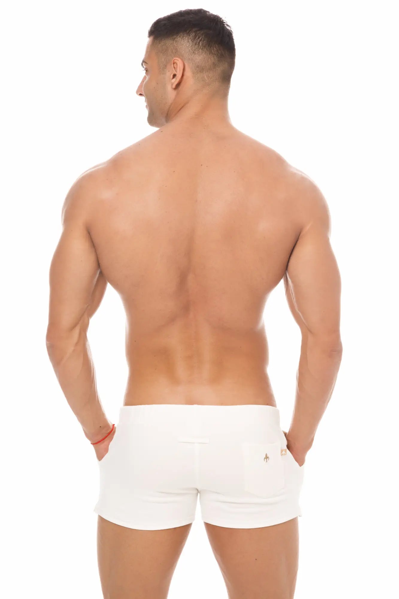 White marcuse physical athletic shorts made of breathable fabric showing the back with a subtle logo on pocket