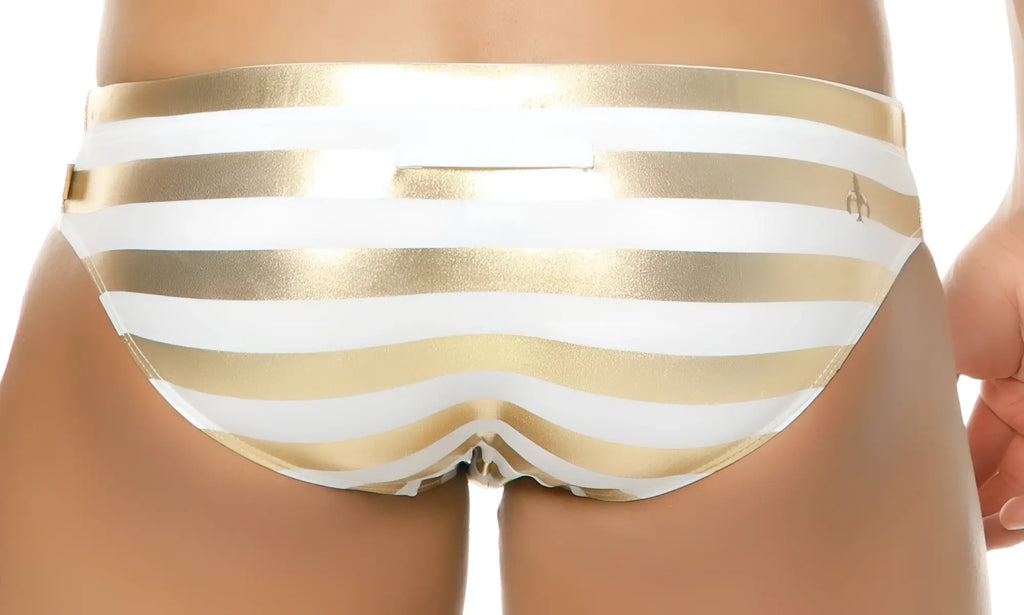 Marcuse pride bikini swimwear white and gold striped swim trunks with metallic finish front view