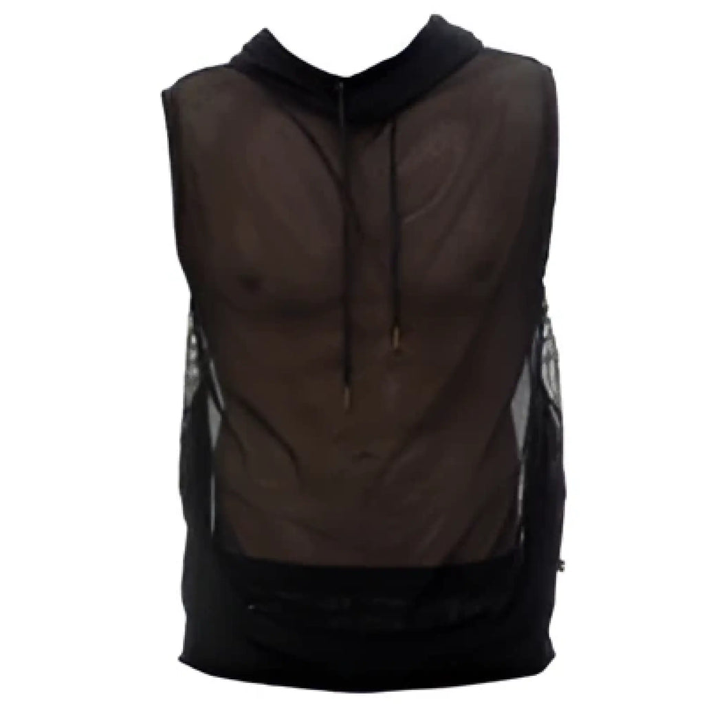 Marcuse pride hoodie tank top in black mesh with a drawstring hood and solid black trim at the hem
