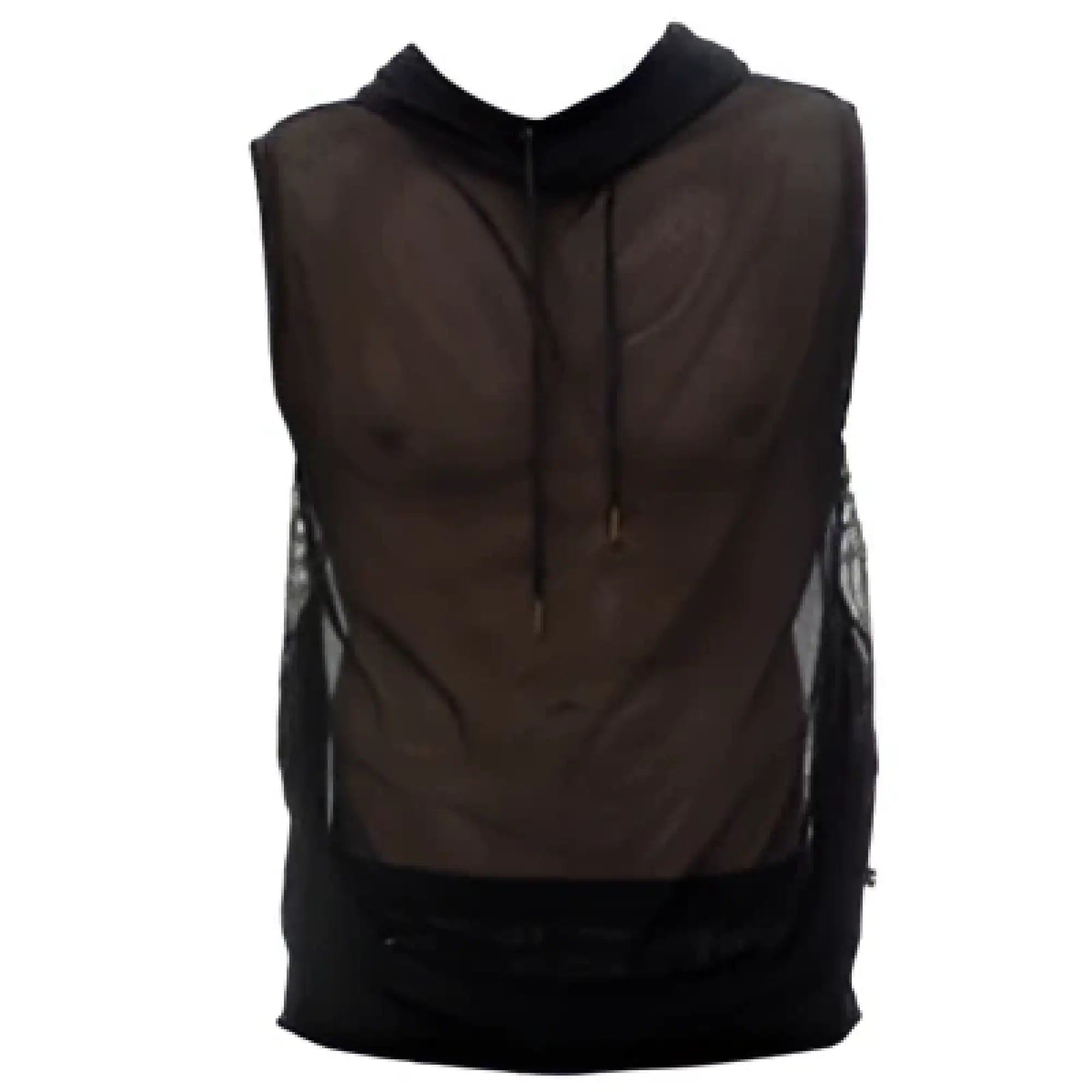 Marcuse pride hoodie tank top in black mesh with a drawstring hood and solid black trim at the hem