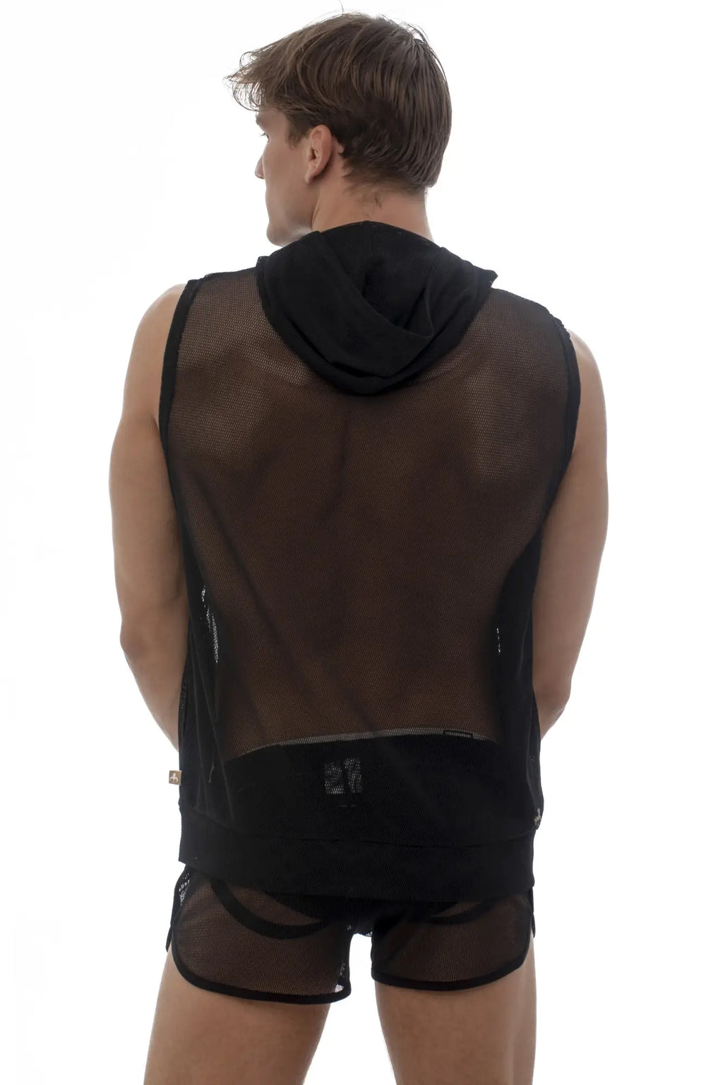 Black mesh hooded vest with solid black bottom panel and side zippers marcuse pride hoodie tank top