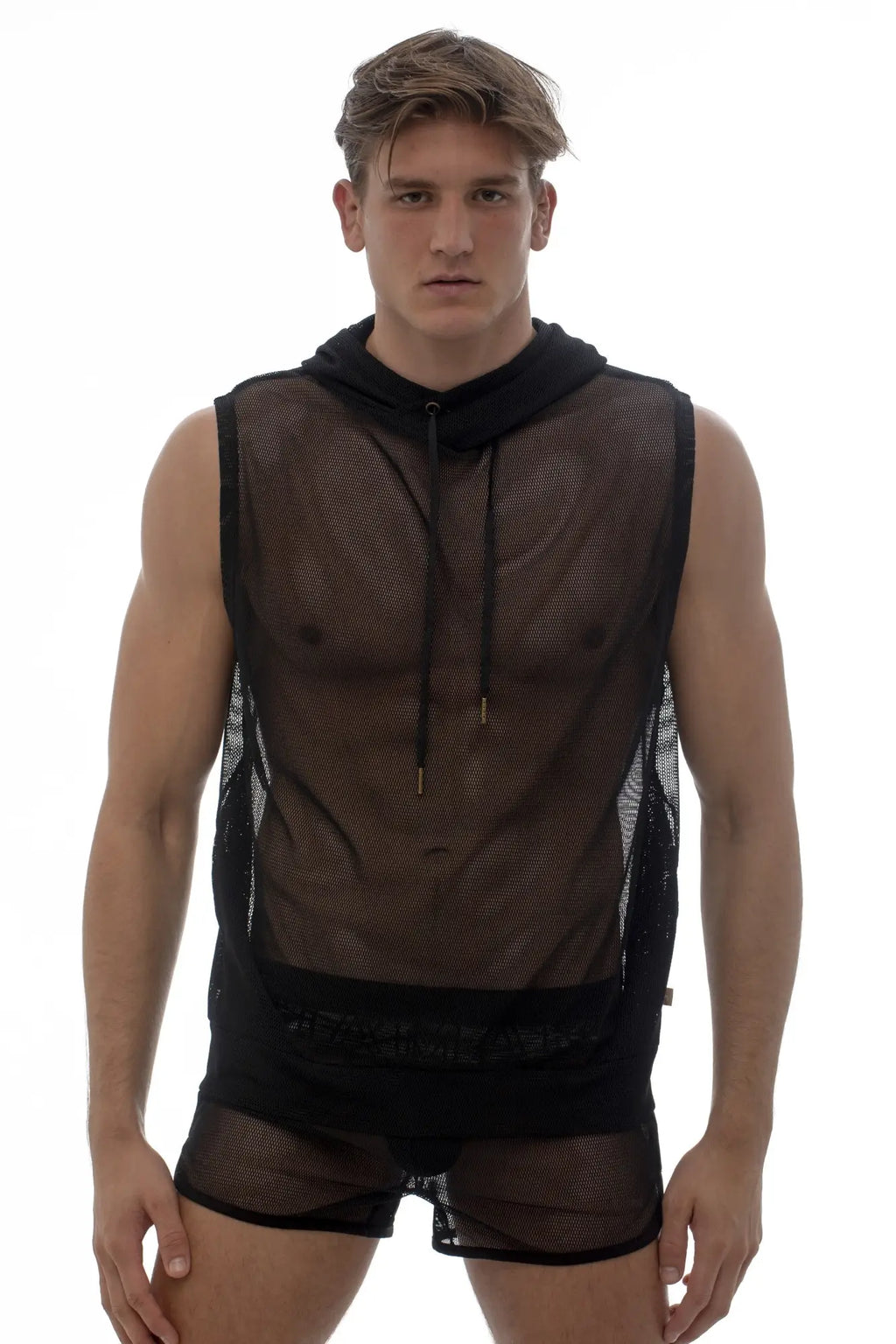 Marcuse pride hoodie tank top black mesh sleeveless with drawstring hood and solid black trim