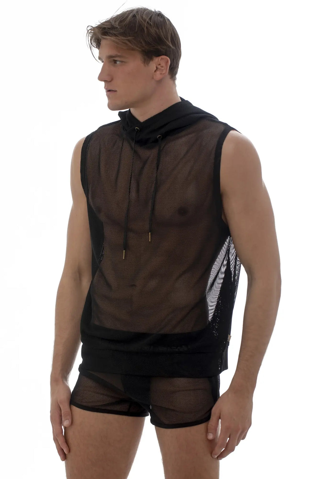 Marcuse pride hoodie tank top in black mesh sleeveless design with drawstring hood and solid black trim