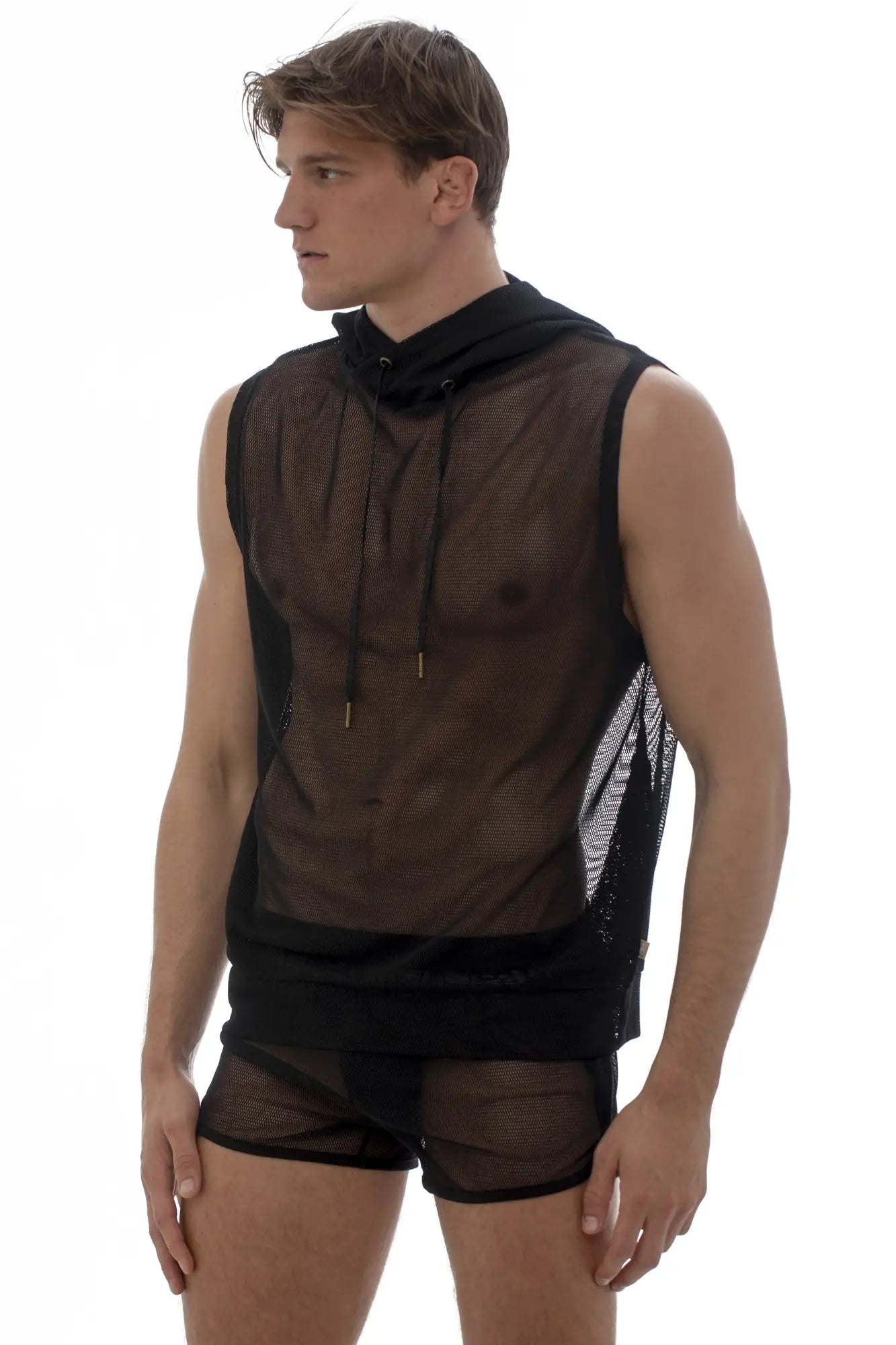 Marcuse pride hoodie tank top in black mesh sleeveless design with drawstring hood and solid black trim