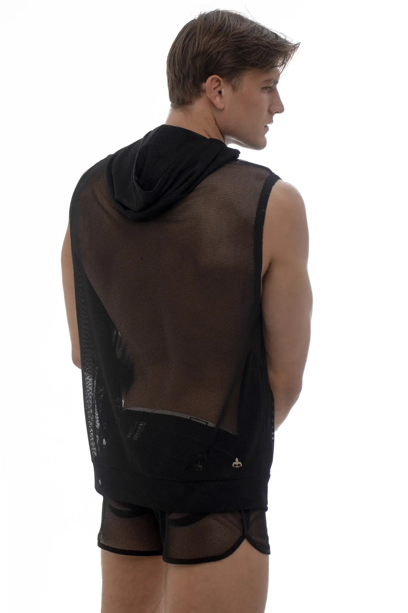 Marcuse pride hoodie tank top black mesh vest with solid black hood and trim visible from the back side