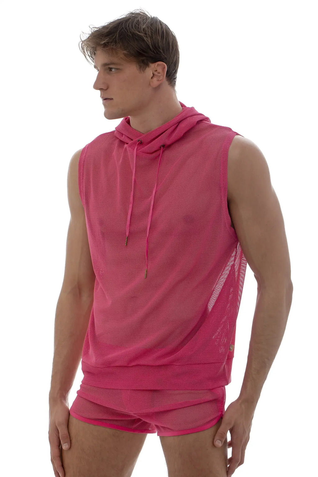 Marcuse pride hoodie tank top with vibrant pink mesh sleeveless hoodie and matching shorts set