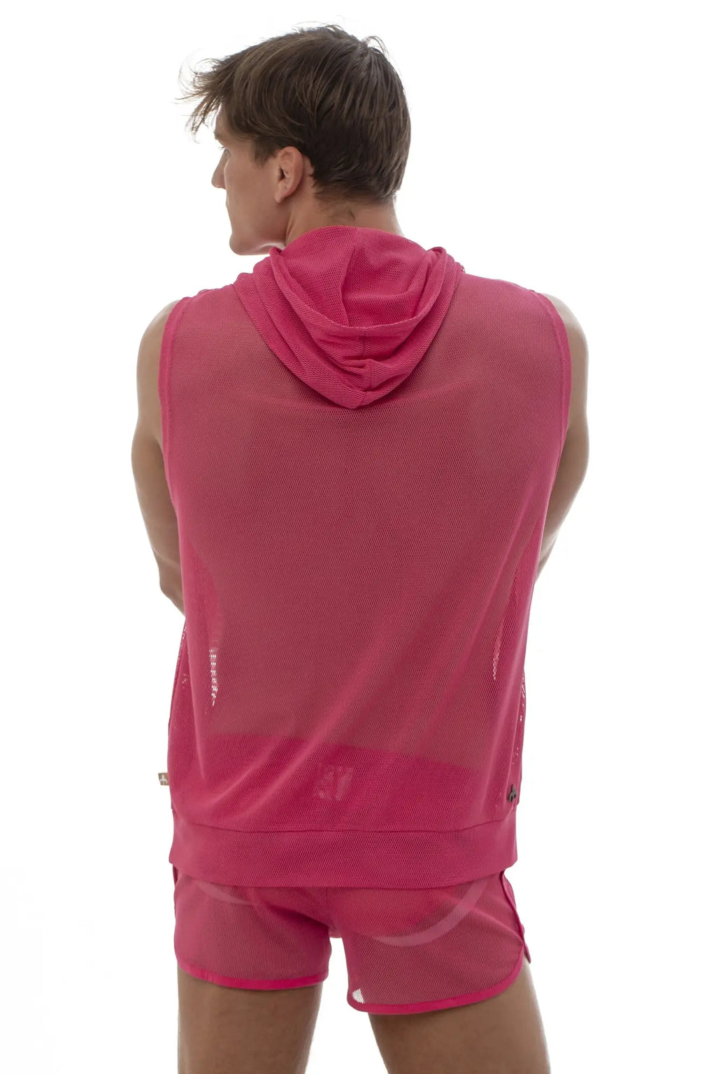 Marcuse pride hoodie tank top vibrant pink mesh sleeveless with matching hood and side pockets