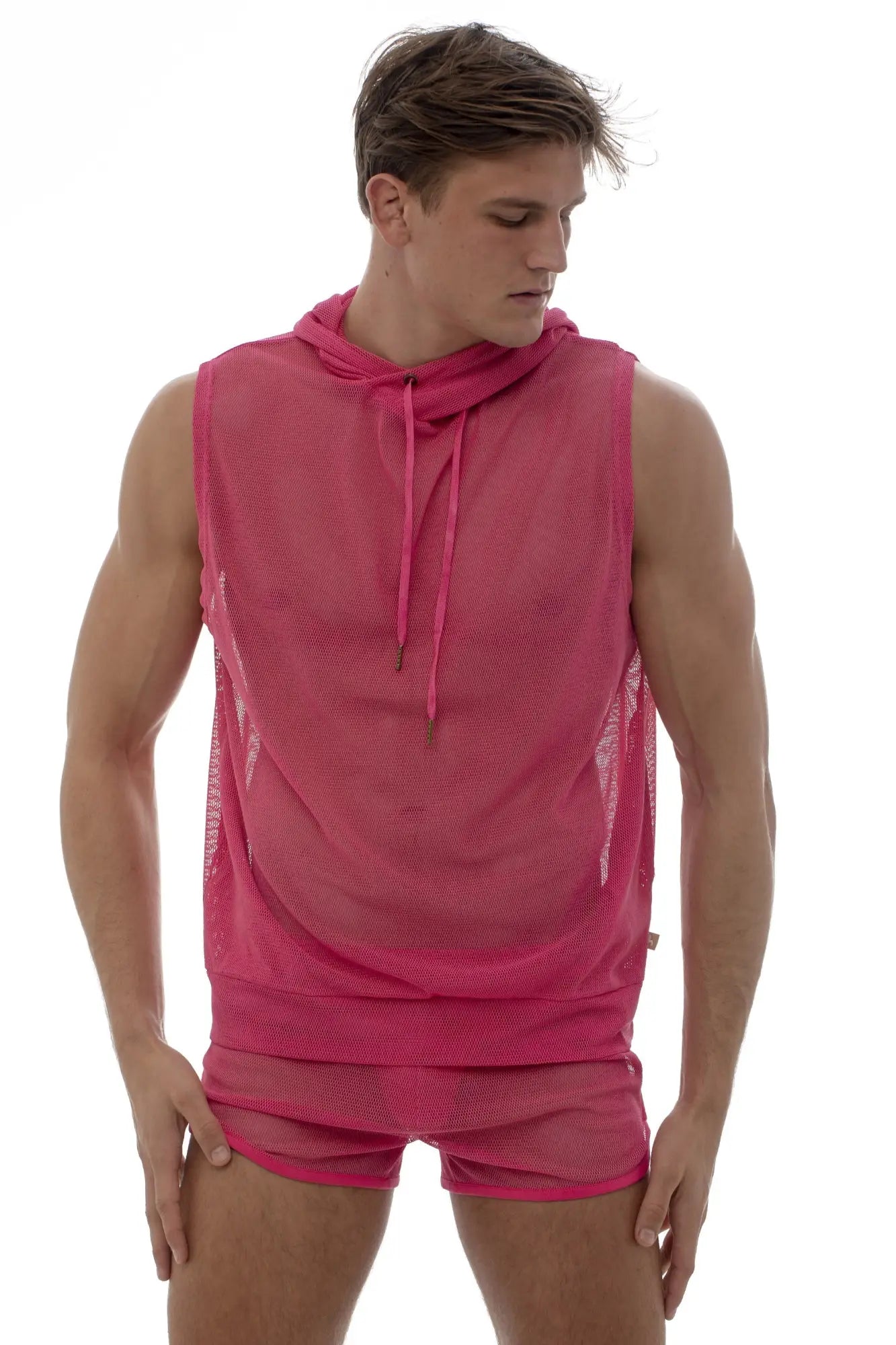 Marcuse pride hoodie tank top featuring a vibrant pink mesh sleeveless hoodie with drawstring hood and matching shorts
