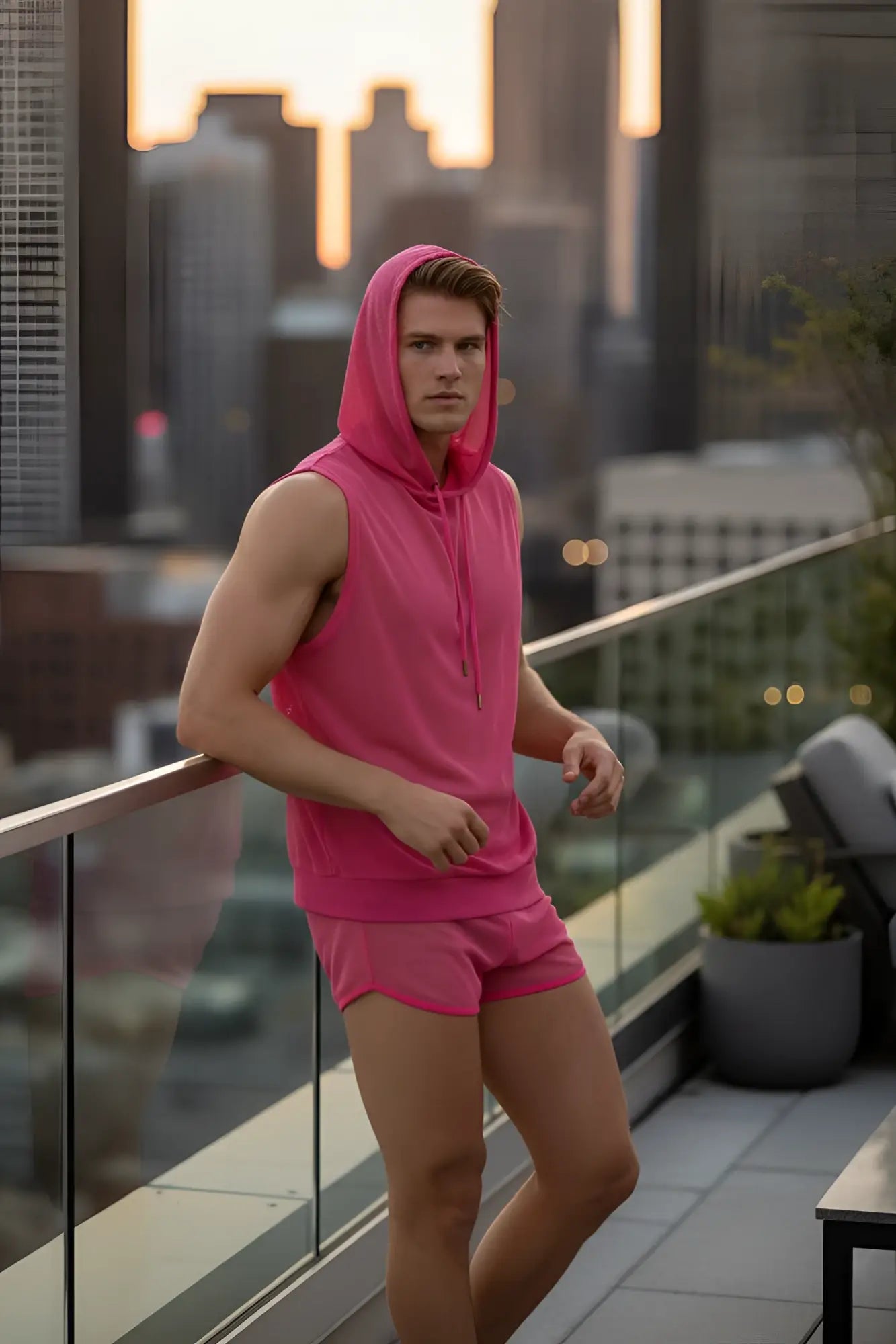 Marcuse pride hoodie tank top featuring a vibrant pink mesh sleeveless hoodie with drawstring hood and matching shorts