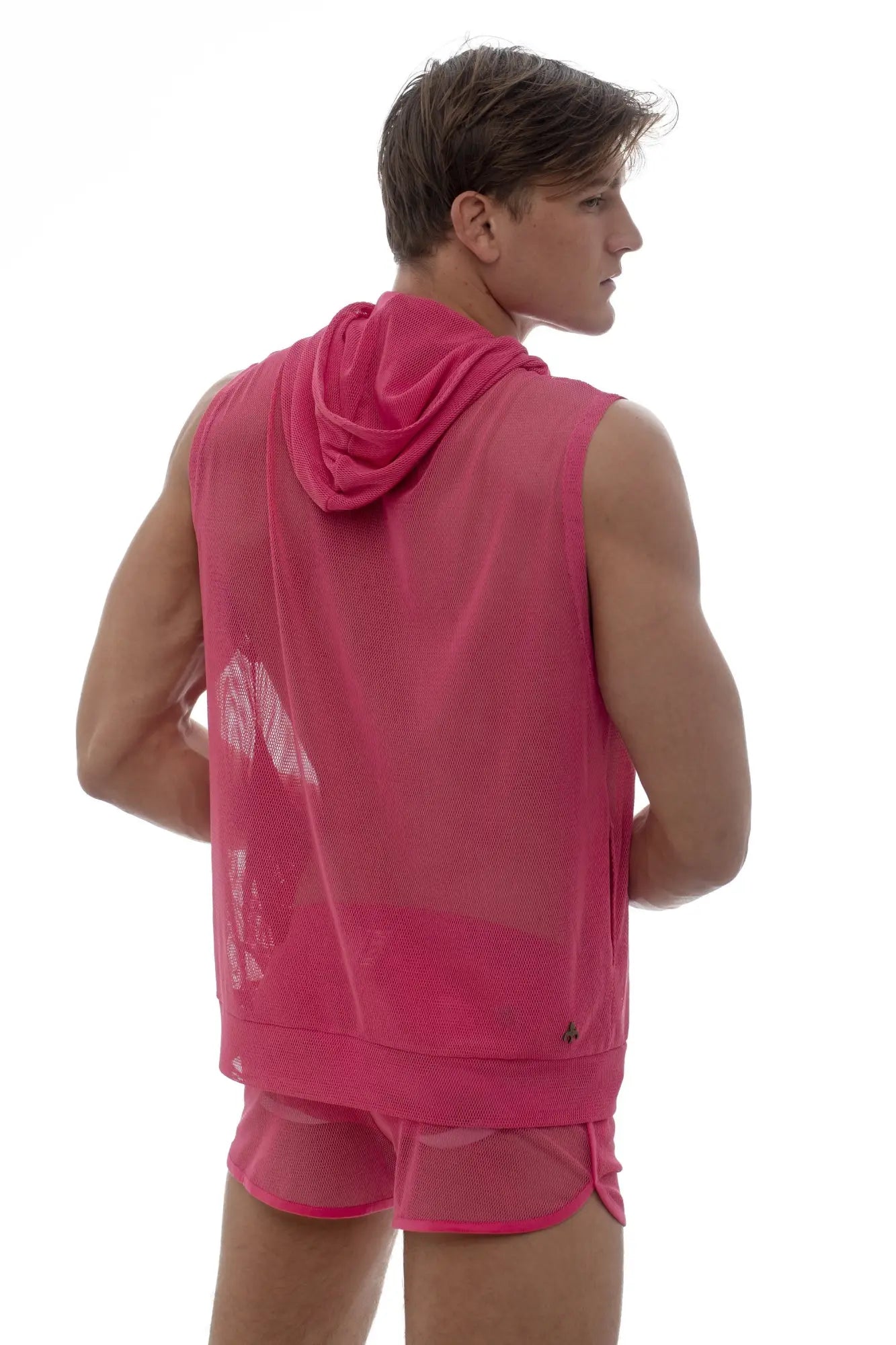 Marcuse pride hoodie tank top vibrant pink sleeveless mesh fabric with attached hood for casual wear
