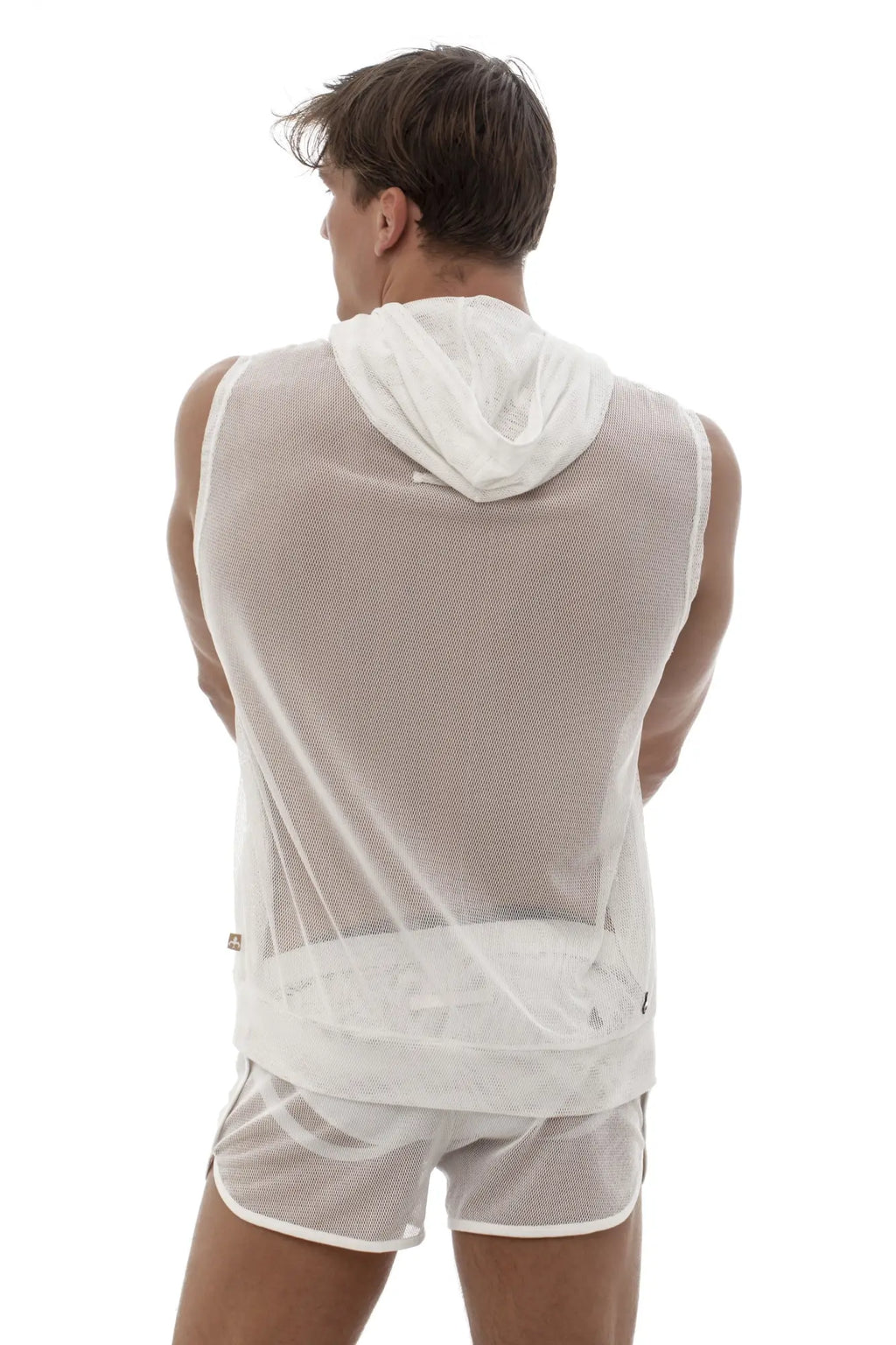White mesh sleeveless hoodie tank top with hood and elastic waistband from marcuse pride collection