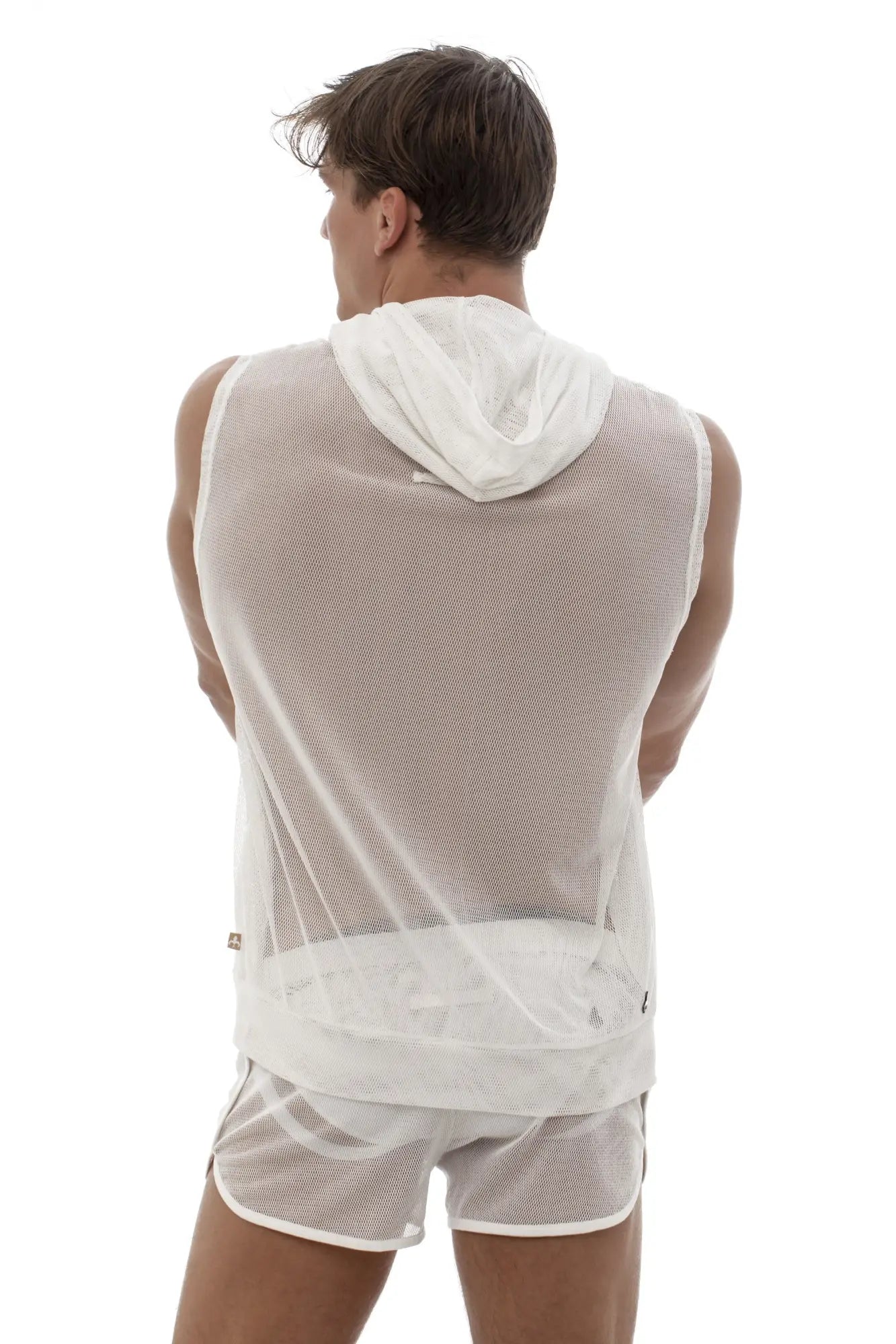 White mesh sleeveless hoodie tank top with hood and elastic waistband from marcuse pride collection