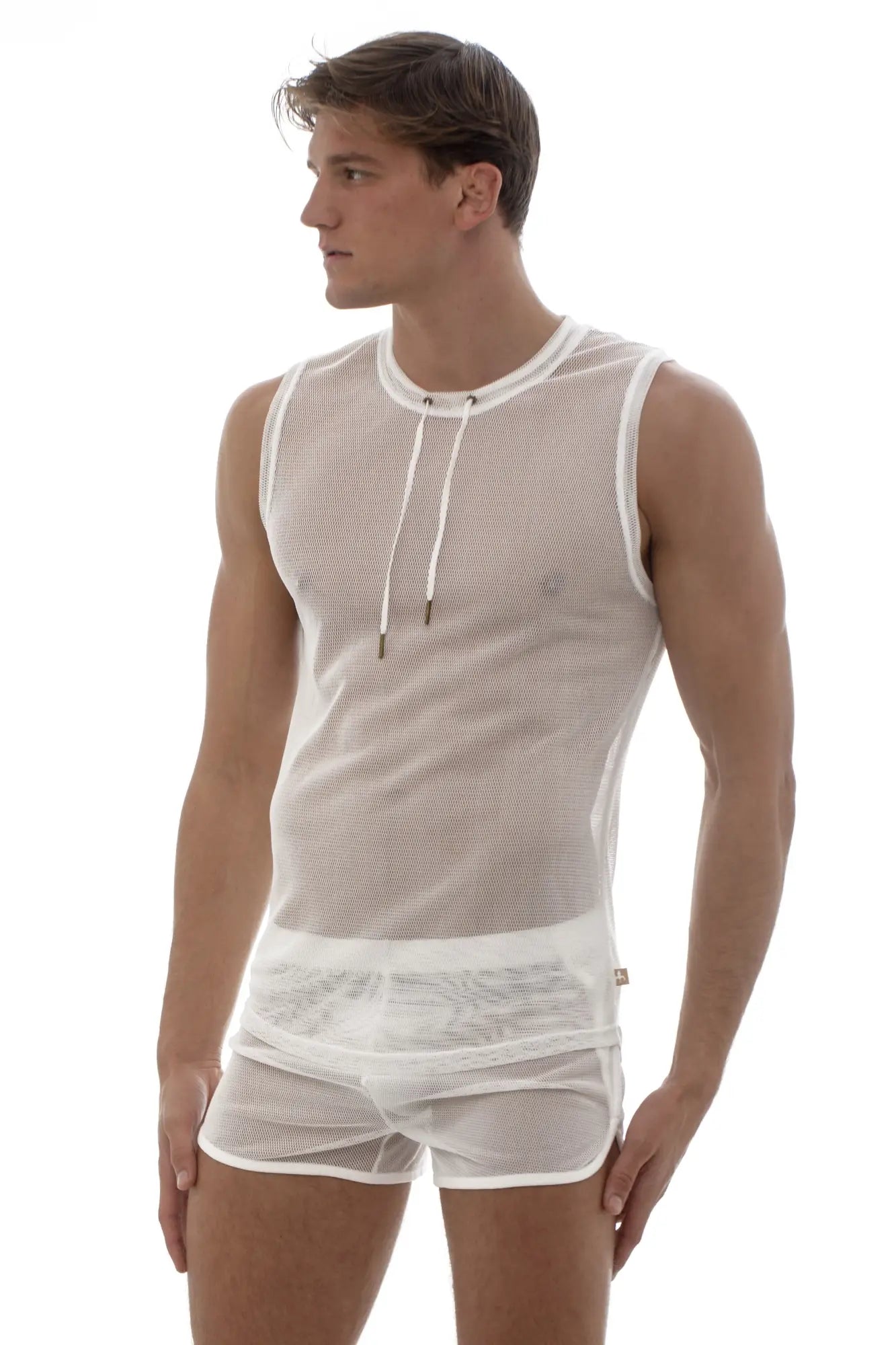 White mesh sleeveless marcuse pride hoodie tank top with drawstring neckline and matching shorts set