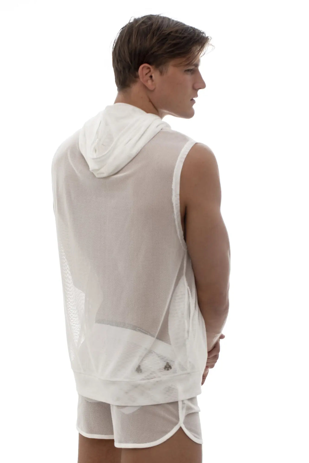 Marcuse pride hoodie tank top white sheer mesh sleeveless hoodie with matching hood and subtle side pockets