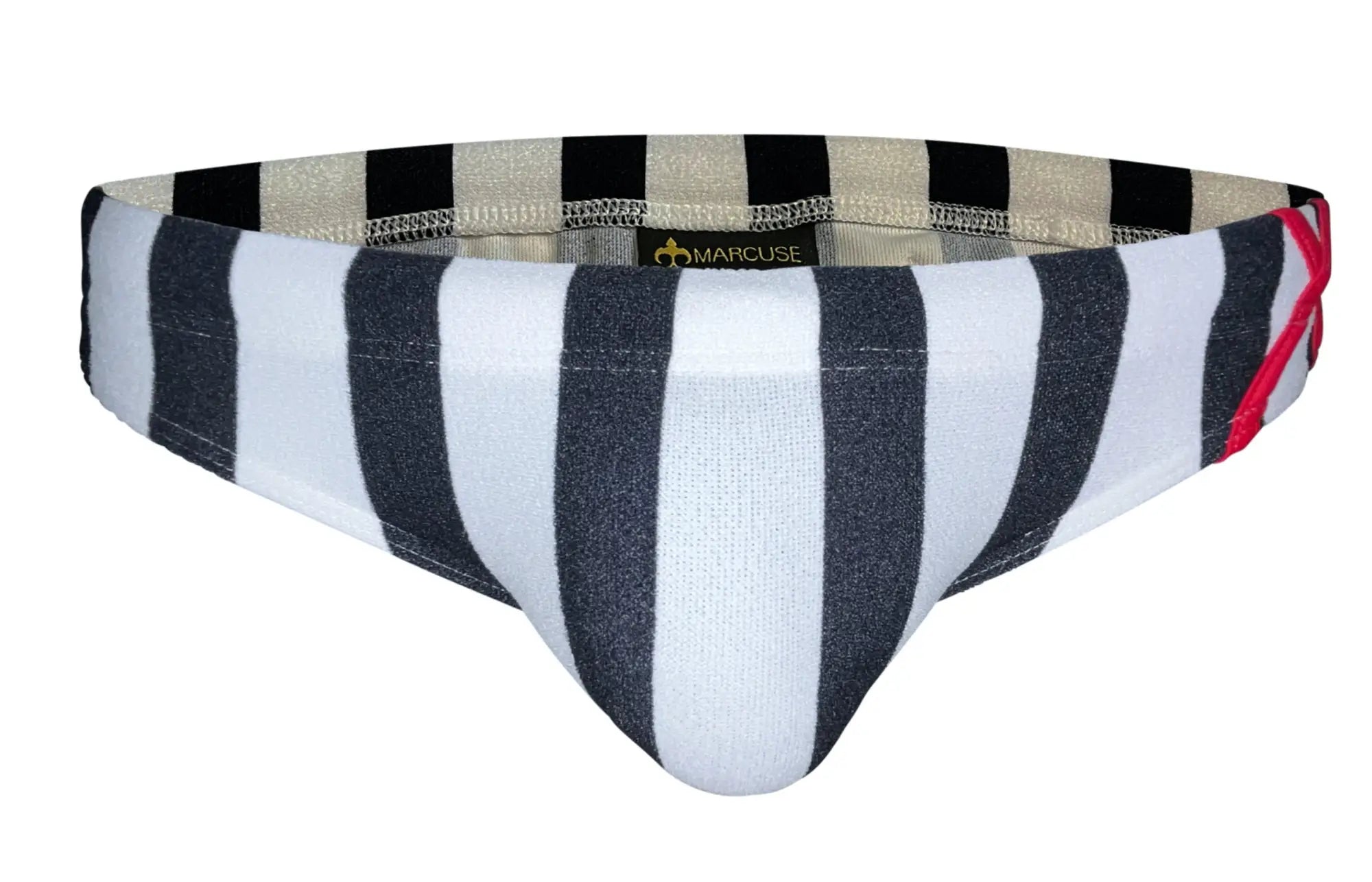 Marcuse promenade bikini swimwear black and white striped men’s briefs with red accent and marcuse brand label