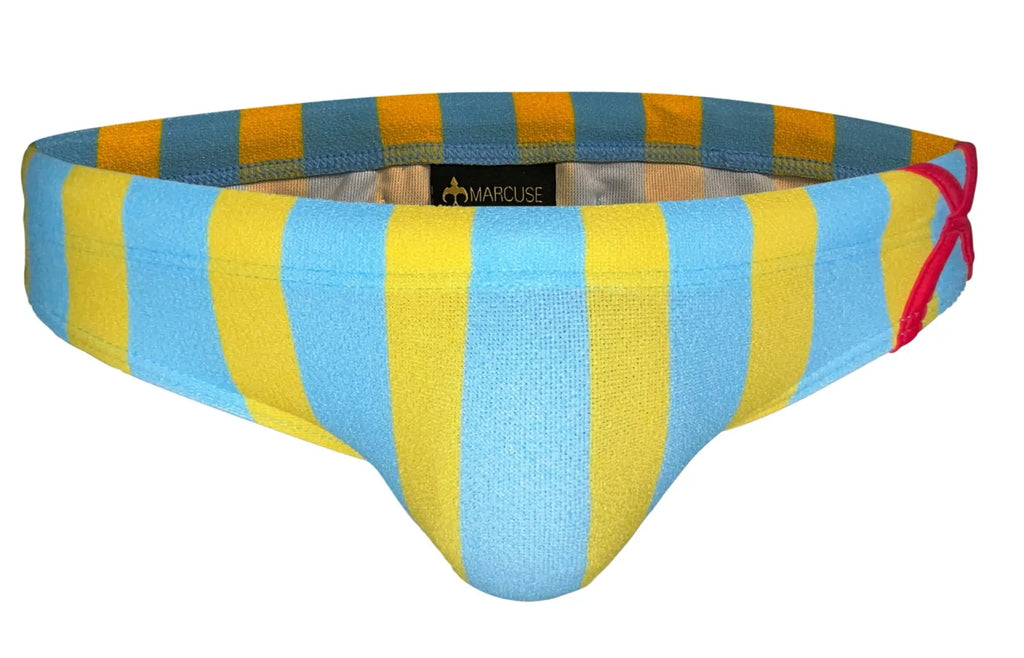 Marcuse Promenade bikini swimwear blue and yellow striped men’s briefs with red bow detail front view