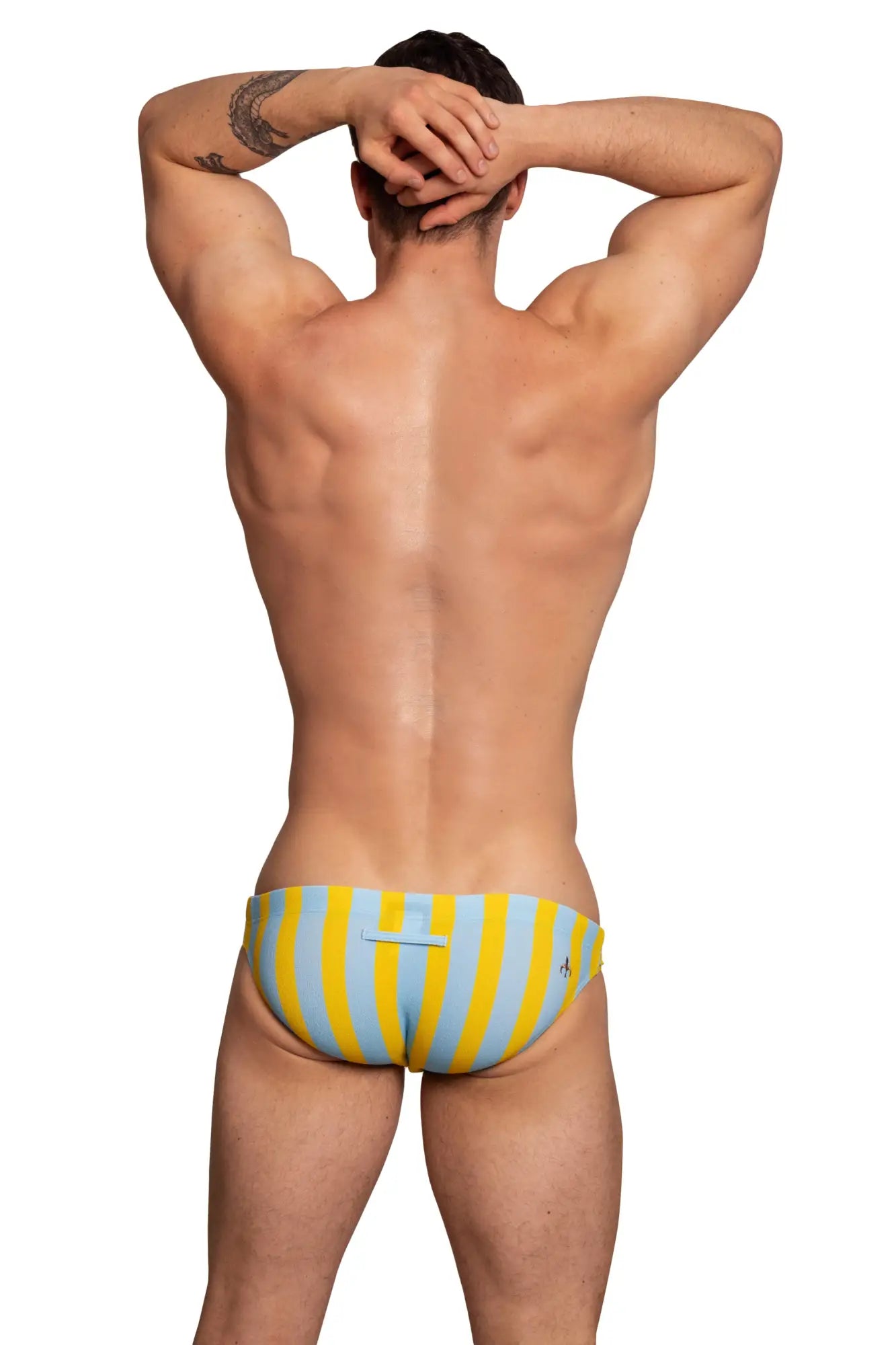 Bright yellow and light blue striped marcuse promenade bikini swimwear trunks with a small side logo