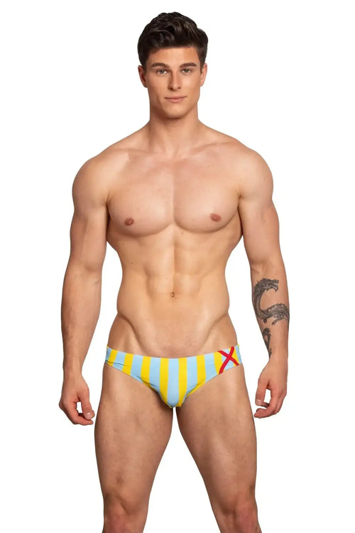 Brightly striped yellow and light blue Marcuse Promenade bikini swim trunks with red x detail on the side