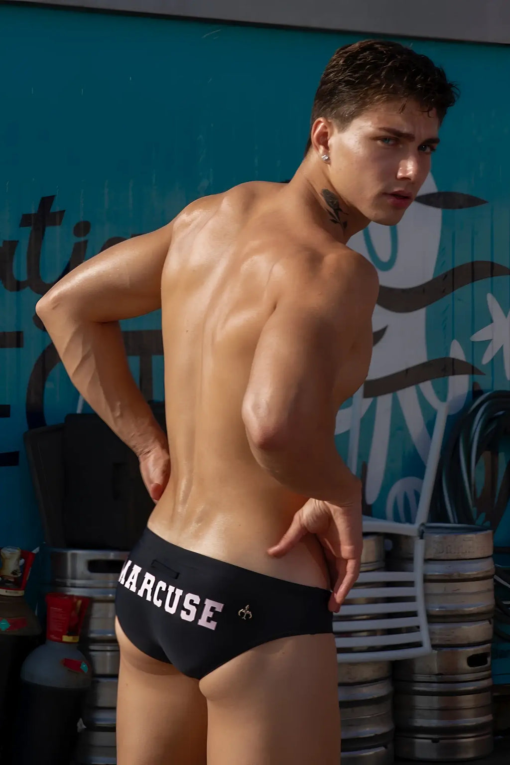 Black men’s briefs with narcose branding in white on waistband featuring small logo Marcuse Proud Bikini swimwear
