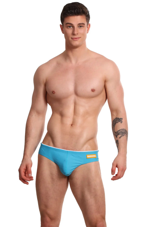 Bright blue marcuse sandboy bikini swimwear with white trim and yellow brand label on the waistband