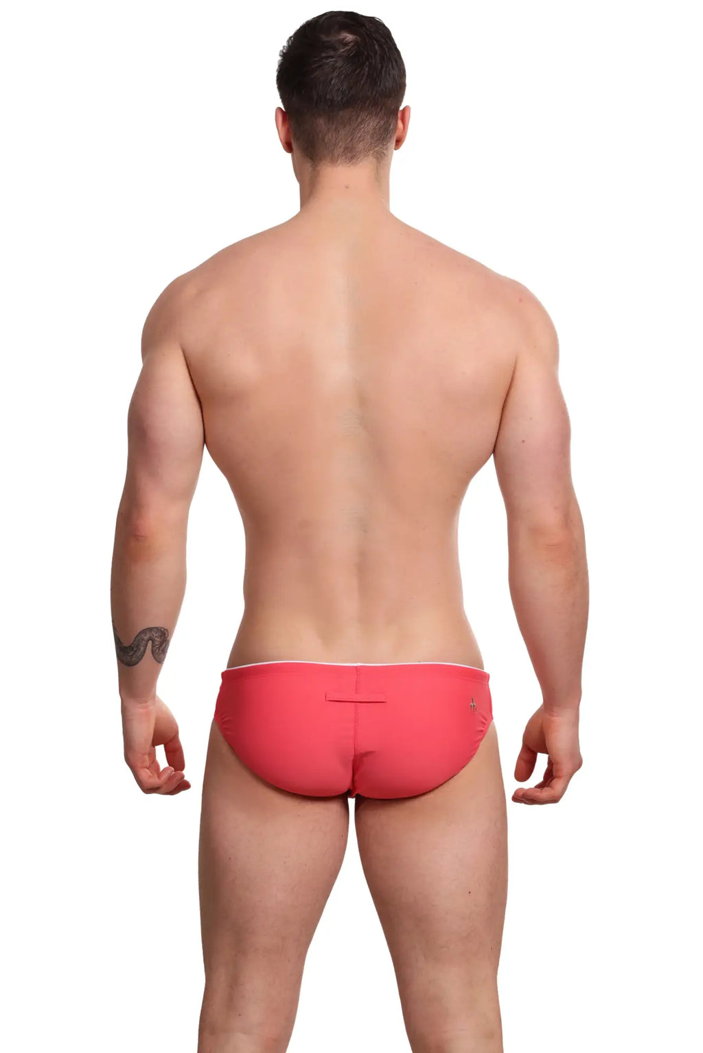 Bright coral marcuse sandboy bikini swimwear trunks with white trim and small side logo for swimming and beachwear