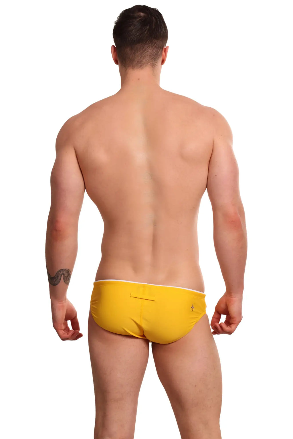 Bright yellow Marcuse Sandboy bikini swimwear back view with white trim and small logo on swim trunks