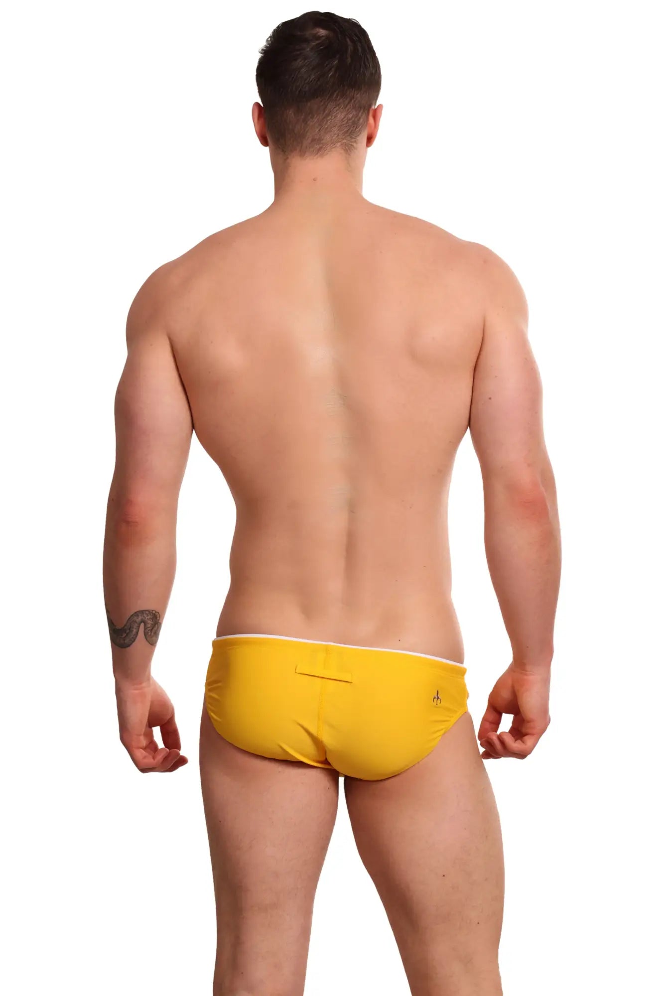 Bright yellow Marcuse Sandboy bikini swimwear back view with white trim and small logo on swim trunks