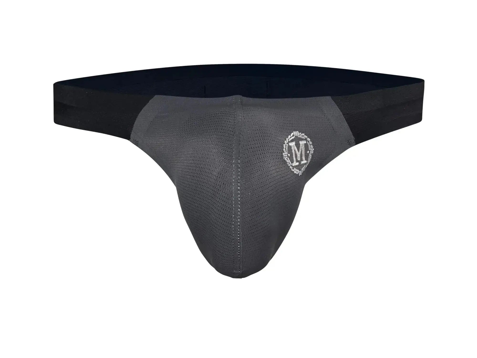 Black and gray mesh marcuse savoy brief underwear with a white embroidered m logo on the front