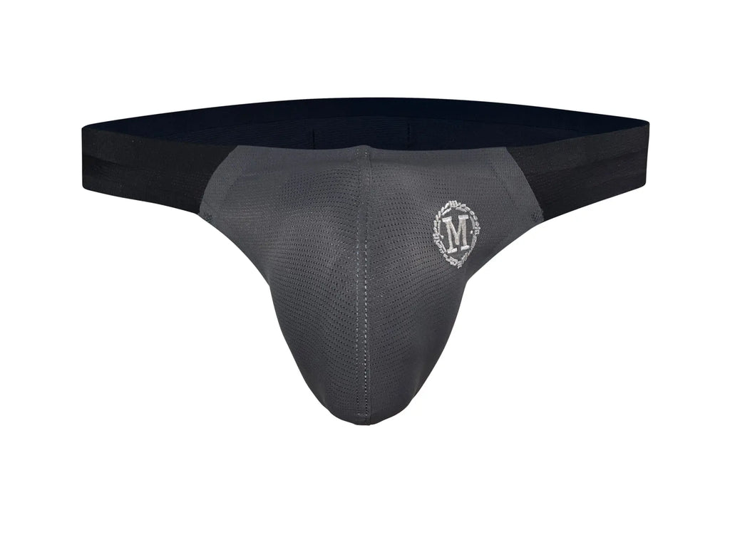 Black and gray mesh marcuse savoy brief underwear with a white embroidered m logo on the front