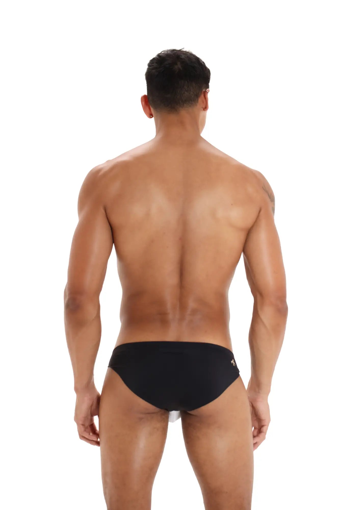 Black marcuse savoy brief underwear featuring a small white logo on the left hip made from soft fabric