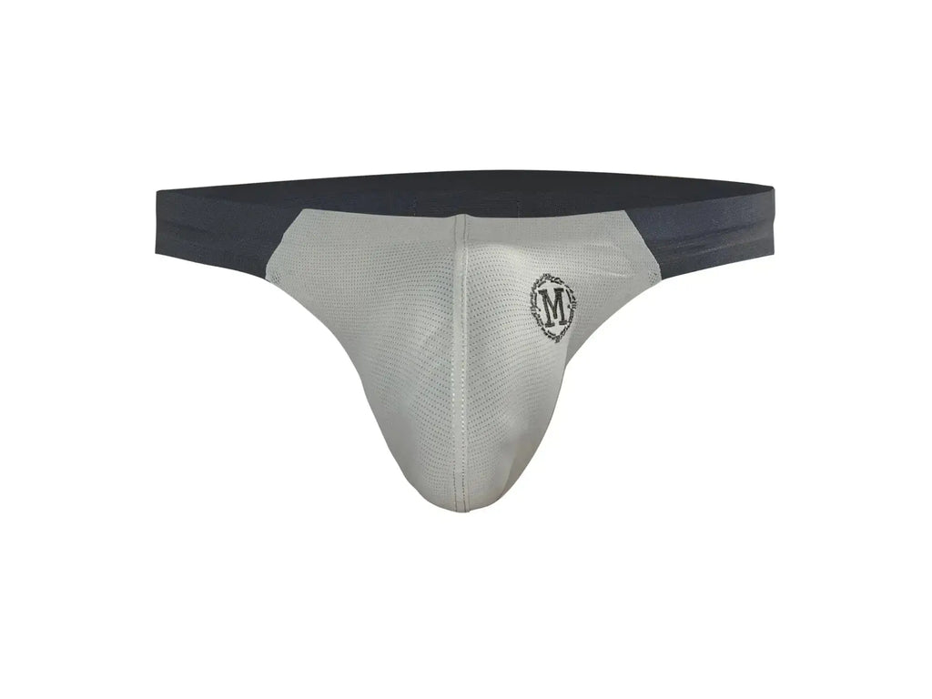 Marcuse Savoy brief underwear in gray mesh with black elastic waistband and small embroidered logo on front