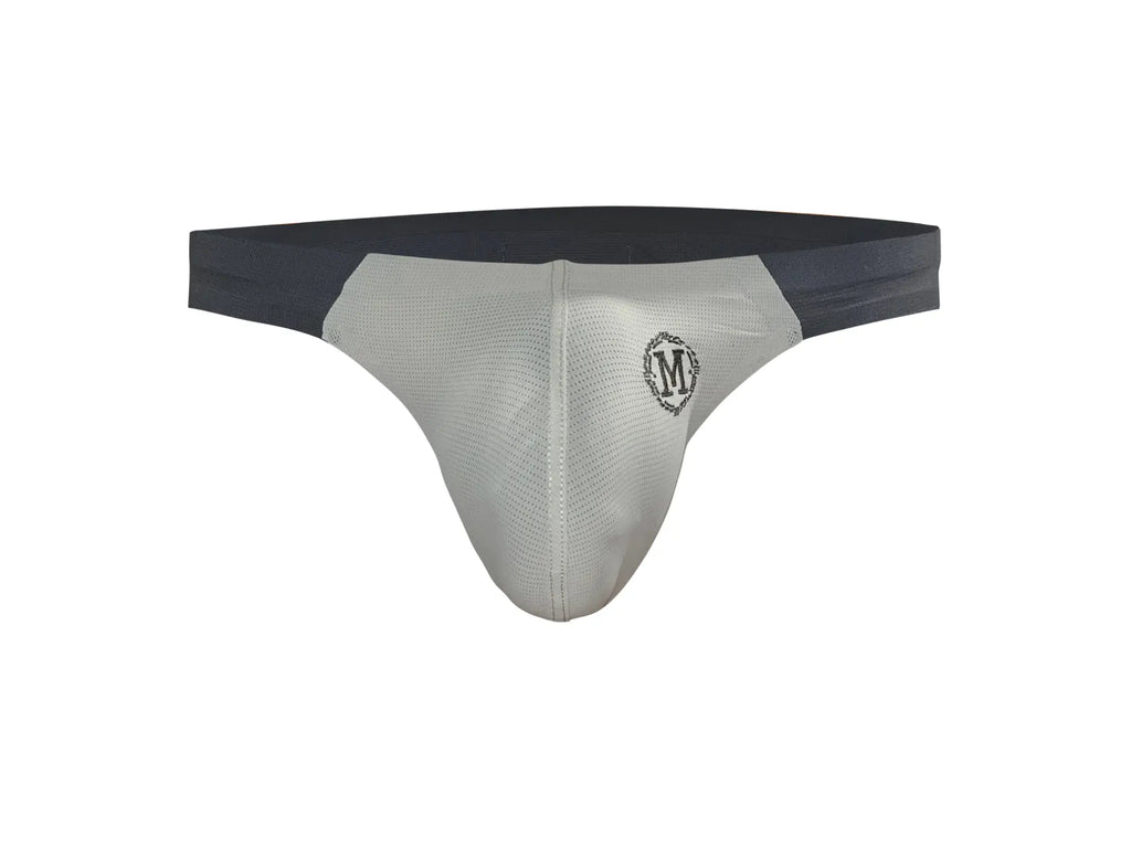 Marcuse Savoy brief underwear in gray mesh with black elastic waistband and small embroidered logo on front