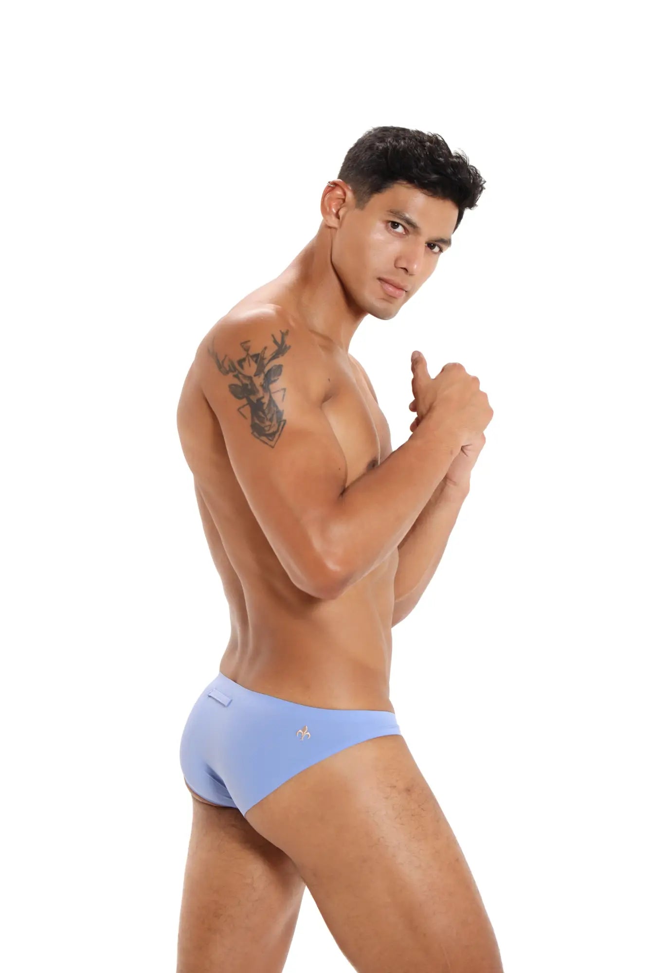 Marcuse Savoy brief underwear in light blue with a small gold logo on the left hip showcasing front view